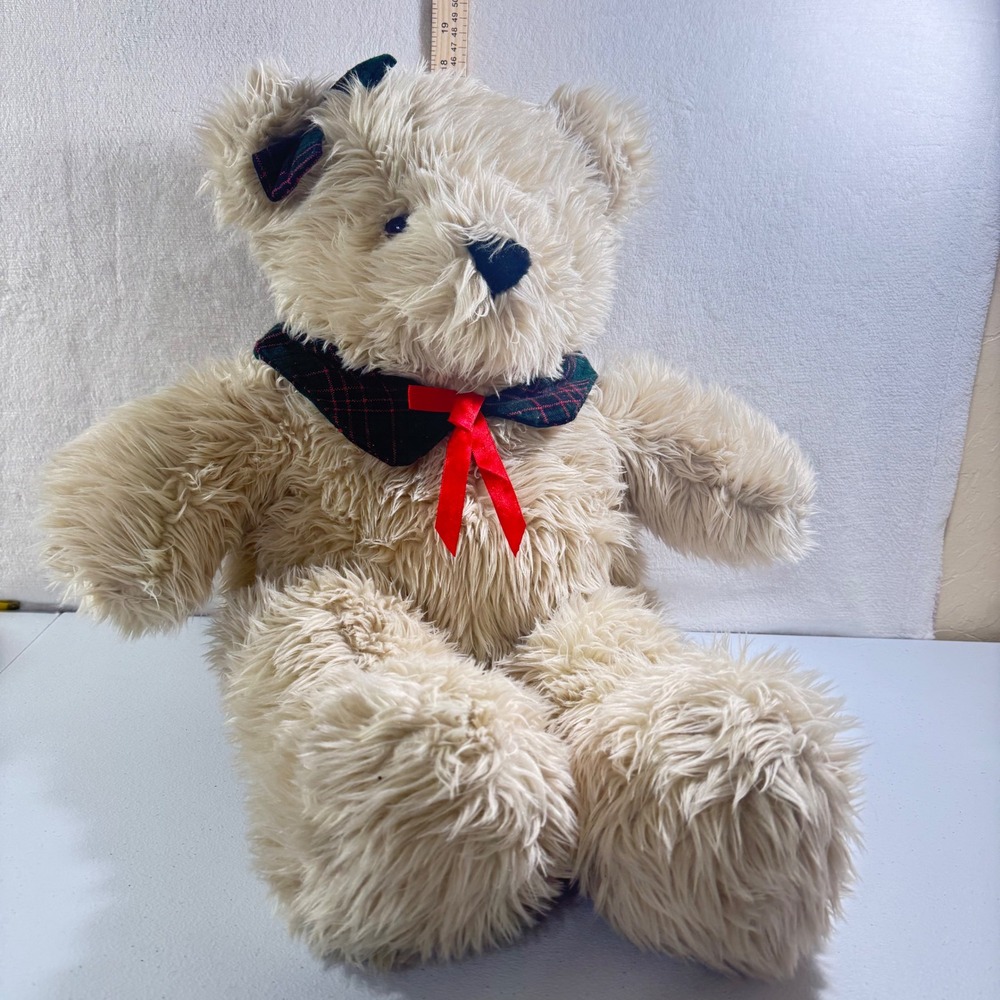 VTG Commonwealth Toy Shaggy Cream Teddy Bear Plaid Collar Bow Holiday Plush 26"